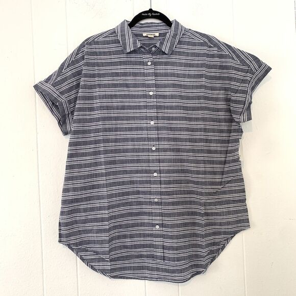 Goodthreads Womens Large Shirt Button Up Chambray Stripes Blue Short Sleeve NEW - Picture 1 of 8